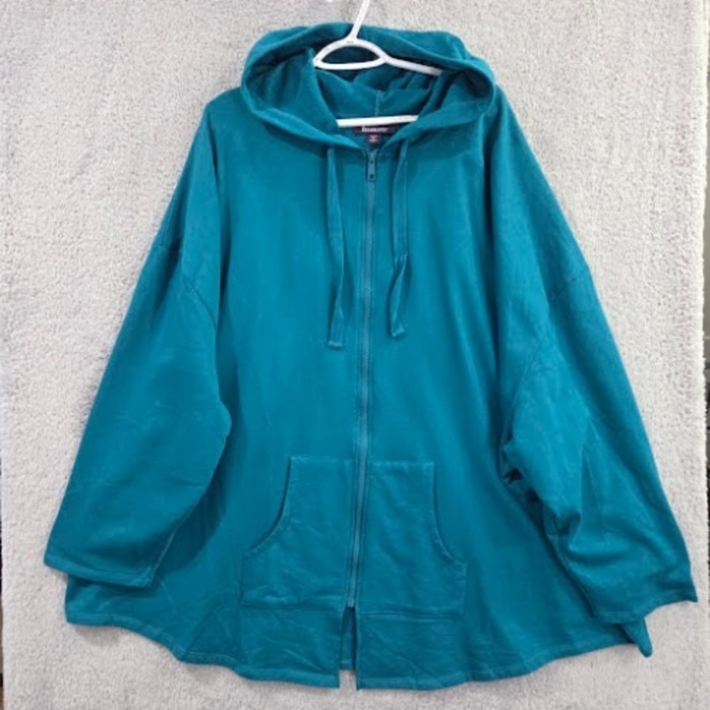 Roamans Fleece Zip Front Hoodie Tunic Women's 5X Teal Plus Size Long Sleeve